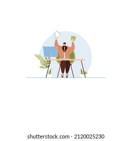 Amazed man, bundle lots of dollars cash money sit work at desk with contemporary pc. Achievement business career concept. Copy space. Vector illustration.