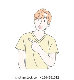 Amazed man gesturing with pointing to something. amazed, shocking, surprise, happy concept.