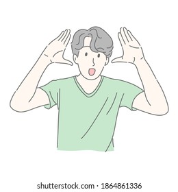Amazed man gesturing with raise he hand. amazed, shocking, surprise, happy concept.