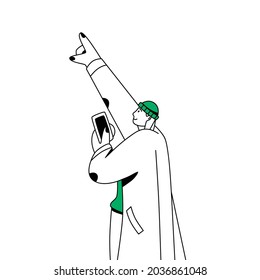 Amazed man with hand up pointing at smth and taking photo with mobile phone. Happy person with smartphone watching and showing smth with finger. Flat vector illustration isolated on white background