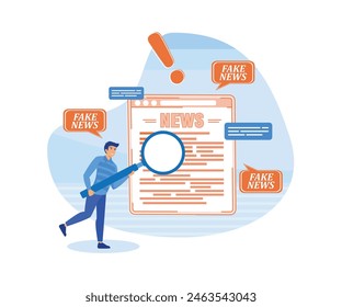 Amazed man with magnifying glass research on fake news spreads in social media. Man shocked from article in online press with disinformation, falsehood and lies. flat vector modern illustration 