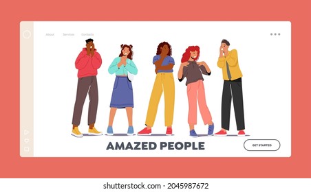 Amazed People Landing Page Template. Young Men and Women with Open Mouths and Excited Reactions. Wow Effect, Happy, Glad Teenagers Characters Express Excitement Emotions. Cartoon Vector Illustration