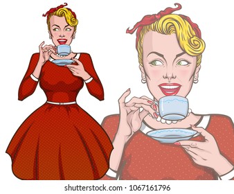 Amazed pretty woman holding cup of tea. Mascot of a beautiful young girl in vintage, retro, pin up, pop art style. Female comic character.