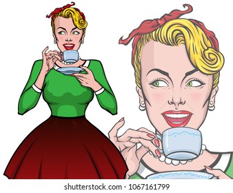 Amazed pretty woman holding cup of tea. Mascot of a beautiful young girl in vintage, retro, pin up, pop art style. Female comic character.