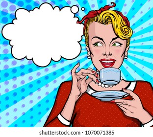 Amazed pretty woman holding cup of tea with speech bubble on the background. Mascot of a beautiful young girl in vintage, retro, pin up, pop art style. Female comic character.