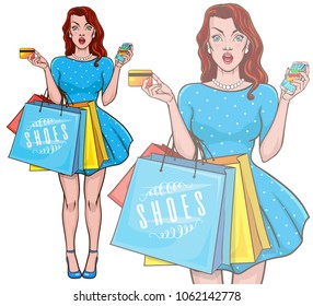 Amazed pretty woman holding shopping bags in one hand and smartphone in the other. Mascot of a beautiful young girl in vintage, retro, pin up, pop art style. Female comic character.