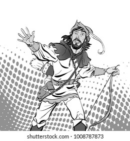 Amazed Robin Hood. Wondering Robin Hood. Medieval legends. Heroes of medieval legends. Halftone background.