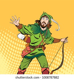 Amazed Robin Hood. Wondering Robin Hood. Medieval legends. Heroes of medieval legends. Halftone background.