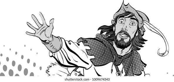 Amazed Robin Hood. Wondering Robin Hood. Medieval legends. Heroes of medieval legends. Halftone background.