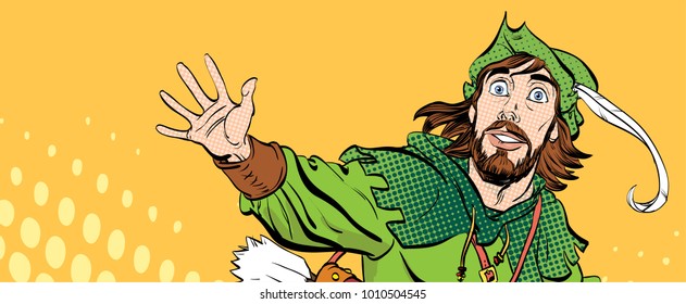 Amazed Robin Hood. Wondering Robin Hood. Medieval legends. Heroes of medieval legends. Halftone background.