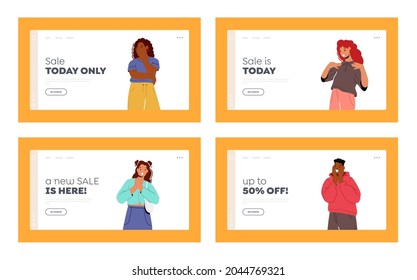 Amazed, Surprised People Sale Landing Page Template Set. et Young Men and Women Excited Reaction. Wow Effect, Happy, Glad Teenagers Characters Express Excitement Emotions. Cartoon Vector Illustration