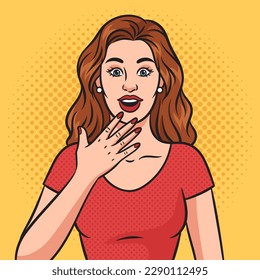 amazed surprised woman girl pinup pop art retro vector illustration. Comic book style imitation.