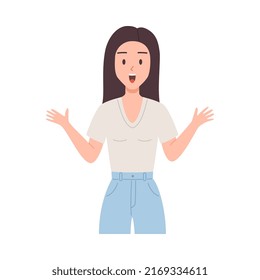 Amazed surprised woman with open mouth throws up her hands in disbelief. Reaction to surprising unexpected event, flat vector illustration isolated on white background.