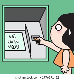 Amazed Woman Looking At Word We Own You On Atm Screen While Inserting A Credit Card To Atm Machine Concept Card Character illustration