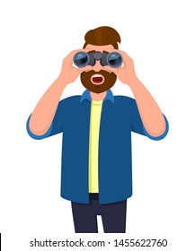 Amazed young man in casual wear looking through binoculars with opened mouth. Shocked male character is viewing from a binocular. Modern lifestyle, human face expression concept in cartoon style.