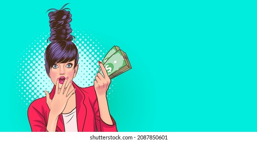 Mujer joven sorprendida sosteniendo una calculadora Wow y sorprendido concepto de comics pop art estilo.