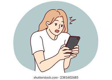 Amazed young woman look at cellphone screen shocked by unbelievable message online. Stunned girl surprised with news online on smartphone. Vector illustration.