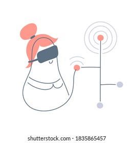 Amazed young woman touching interface during the VR or AR experience. Futuristic technology concept. Flat line vector illustration