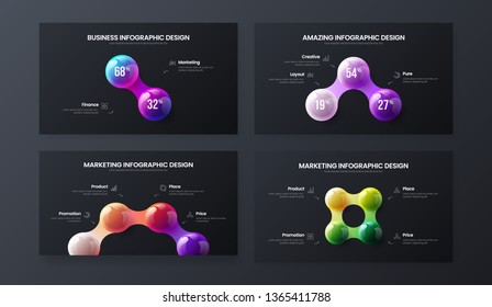 Amazing 2, 3, 4 step marketing analytics presentation vector illustration template bundle. Business data visualization design collection layout. Colorful 3D balls corporate statistics infographic set.