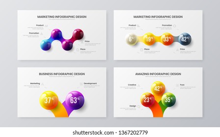 Amazing 2, 3, 4 step marketing analytics presentation vector illustration template bundle. Business data visualization design collection layout. Colorful 3D balls corporate statistics infographic set.