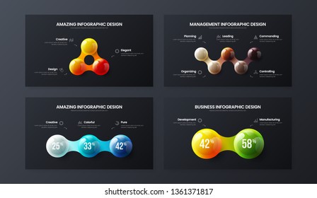 Amazing 2, 3, 5 step marketing analytics presentation vector illustration template bundle. Business data visualization design collection layout. Colorful 3D balls corporate statistics infographic set.