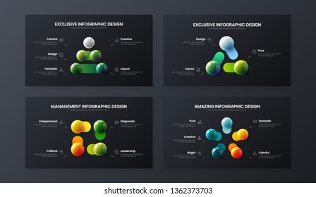 Amazing 3, 4, 5 step marketing analytics presentation vector illustration template bundle. Business data visualization design collection layout. Colorful 3D balls corporate statistics infographic set.