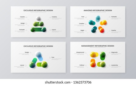 Amazing 3, 4, 5 step marketing analytics presentation vector illustration template bundle. Business data visualization design collection layout. Colorful 3D balls corporate statistics infographic set.