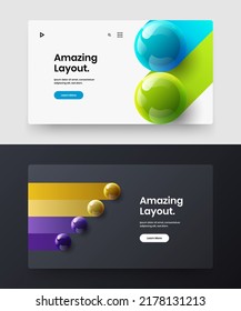 Amazing 3D balls website screen template collection. Unique booklet design vector concept set.