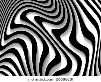 Amazing 3d black and white striped pattern with shadows. Vector illustration