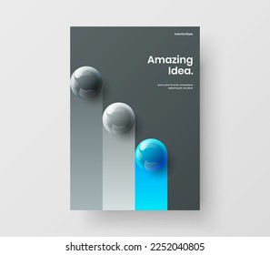 Atemberaubende 3D-Sphären-Präsentationsvorlage. Helles Magazin Cover Design Vektorlayout.