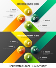 Amazing 4 option marketing analytics presentation vector illustration template bundle. Business data visualization design layout. Amazing colorful 3D balls corporate statistics infographic set.