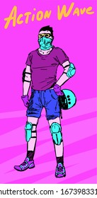 Amazing 80's 90's retro look concept of young guy with masked face wearing the protective attributes and inscription ACTION WAVE
