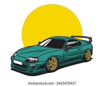 amazing 90s car design in green color body and gold rim for vector illustration