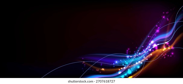 Amazing abstract glowing line waves and sparkling glitters on the dark background