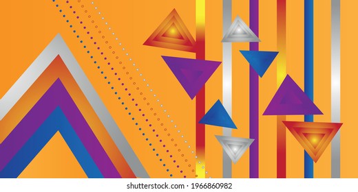 Amazing abstract modern psychedelic triangle art. futuristic weird hipster graphic. colorful purple blue grey yellow background with stripes. Pattern design, bright poster, banner orange background