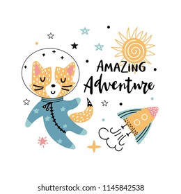 Amazing adventure - hand written phrase with funny fox astronaut, rocket and stars on a white background. Vector illustration for children.