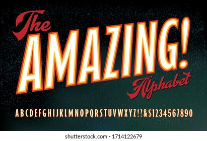 The Amazing! alphabet; A font in the style of 19th and early 20th century poster art, especially for magic shows & carnival sideshows. Also great for retro comic book art. Double outline glow effect.