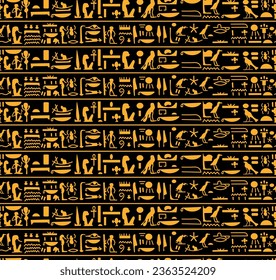 amazing ancient egyptian yellow hieroglyphs over black background seamless pattern