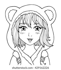 Amazing anime girl. Manga style poster. School girl dressed in hood with animal ears. Happiness concept. Vector fashion illustration. Hand drawn portrait sketch. Comics story. Black and white