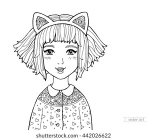 Amazing anime girl. Manga style poster. Girl dressed in headband with kitten ears. Happiness concept. Vector fashion illustration. Hand drawn portrait sketch. Comics story. Black and white