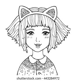 Amazing anime girl. Manga style poster. Girl dressed in headband with kitten ears. Happiness concept. Vector fashion illustration. Hand drawn portrait sketch. Comics story. Black and white