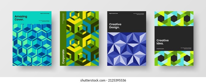 Increíble composición anual de plantillas vectoriales de diseño de informes. Conjunto de ilustraciones de portada de la empresa de mosaicos creativos hexagones.