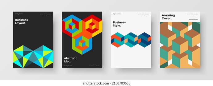 Amazing annual report design vector layout composition. Vivid mosaic hexagons postcard template set.