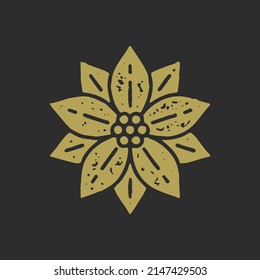 Amazing antique golden hand drawn flower silhouette with stamen and petals luxury outline decorative design grunge texture vector illustration. Beautiful natural plant golden monochrome logo on black