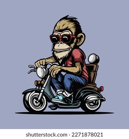 Amazing Ape-Affen Chimp Reiten und Autofahren Motorrad Illustration Vektorkunst