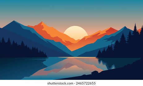 Amazing autumn sunrise of Hintersee lake. Picturesque morning view of Bavarian Alps on the Austrian border, Germany, Europe. Beauty of nature concept background. Vector illustration