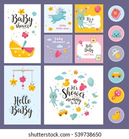 Amazing Baby Shower or Arrival set. Tags, banners, labels, cards with cute kids illustration.