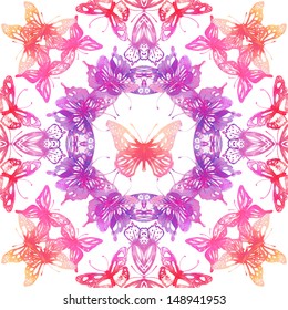 Amazing background with butterflies and flowers painted with watercolors. Vector seamless pattern.