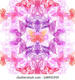 Amazing background with butterflies and flowers painted with watercolors. Vector seamless pattern.