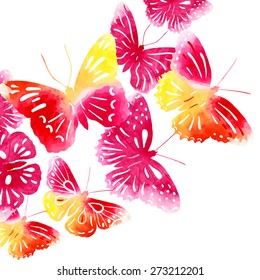 Amazing background with butterflies painted with watercolors. Vector illustration
